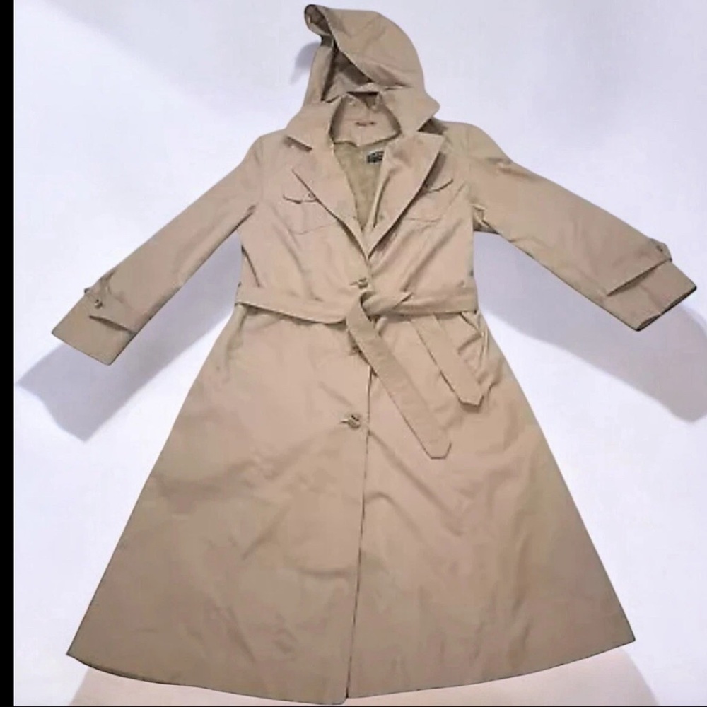 MOD MAID vtg 70s khaki belted trench coat‎ detatch. Liner& hood timeless sz 7/9